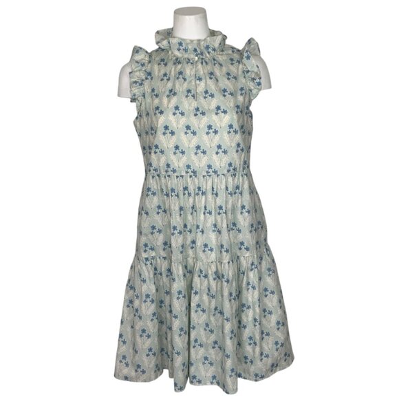 Sara Campbell Ruffle Dress 8 Blue Floral Mini Tiered Sleeveless Pockets Coastal - Picture 1 of 12